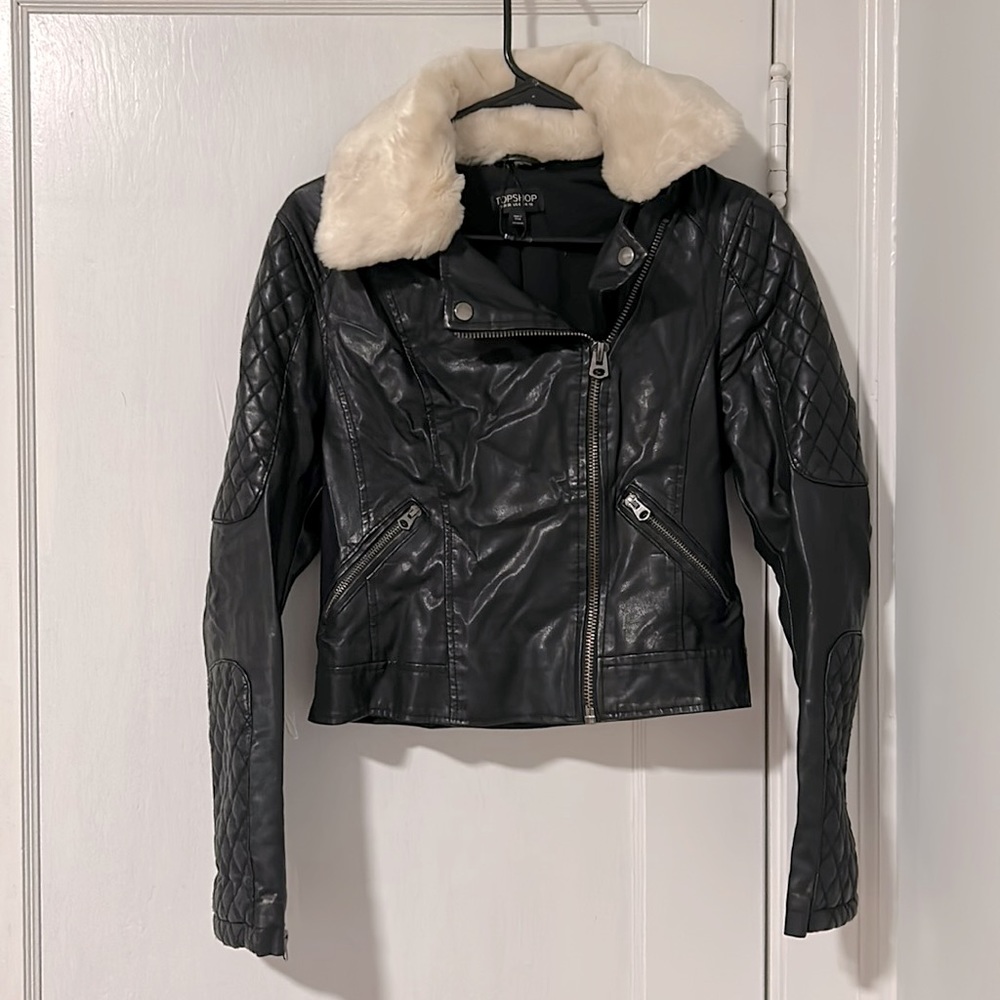 Topshop Quilted Faux Leather Jacket w/ detachable collar